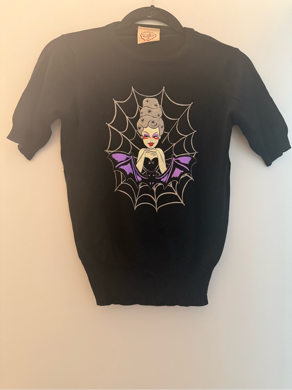 Black Crewneck Sweater with Purple Bat & Spiderweb Graphic Halloween Spooky